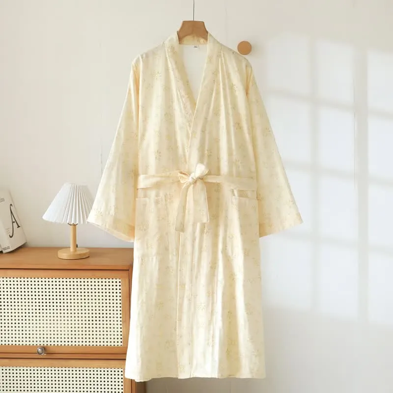 Gelber Kimono-Bademantel aus Baumwollgaze mit botanischem Motiv