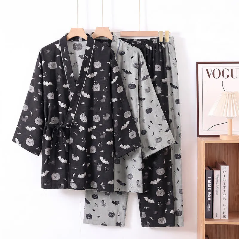 Halloween-Fledermaus-Kürbis-Baumwollkimono-Pyjama-Set