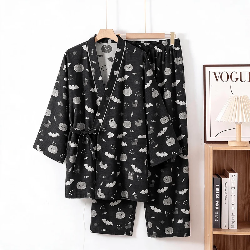 Halloween-Fledermaus-Kürbis-Baumwollkimono-Pyjama-Set