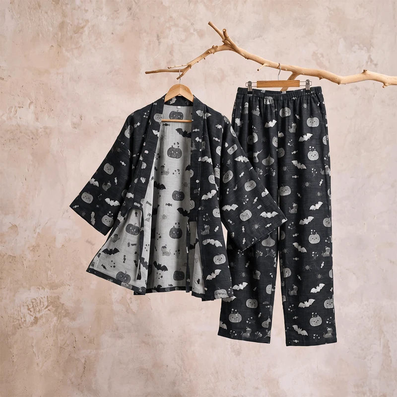 Halloween-Fledermaus-Kürbis-Baumwollkimono-Pyjama-Set