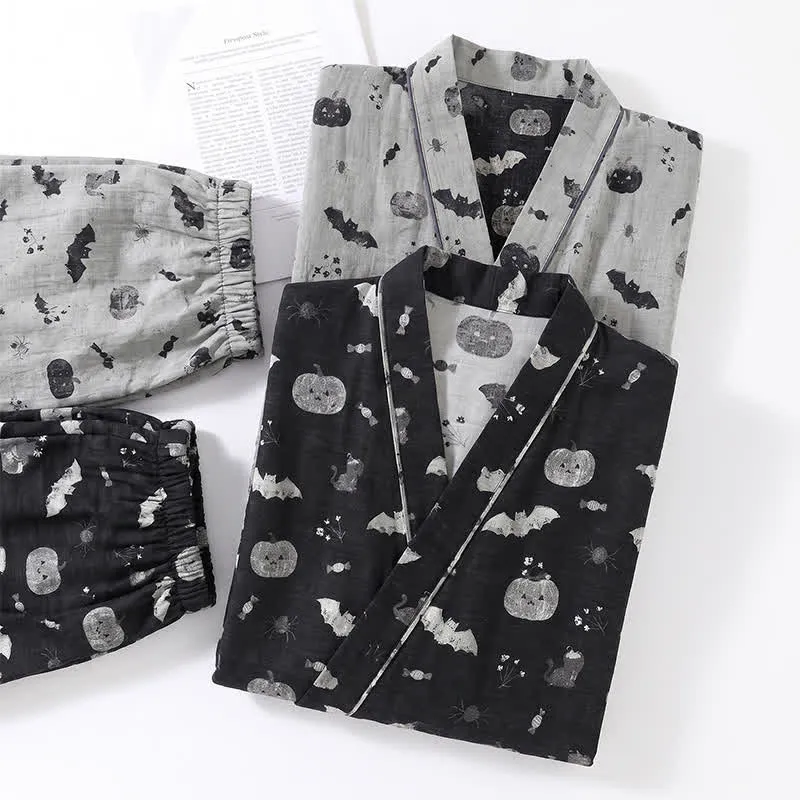 Halloween-Fledermaus-Kürbis-Baumwollkimono-Pyjama-Set