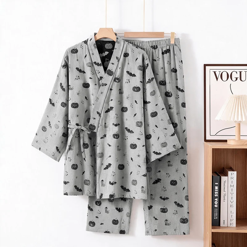Halloween-Fledermaus-Kürbis-Baumwollkimono-Pyjama-Set