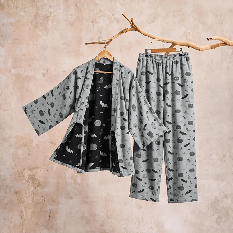 Halloween-Fledermaus-Kürbis-Baumwollkimono-Pyjama-Set