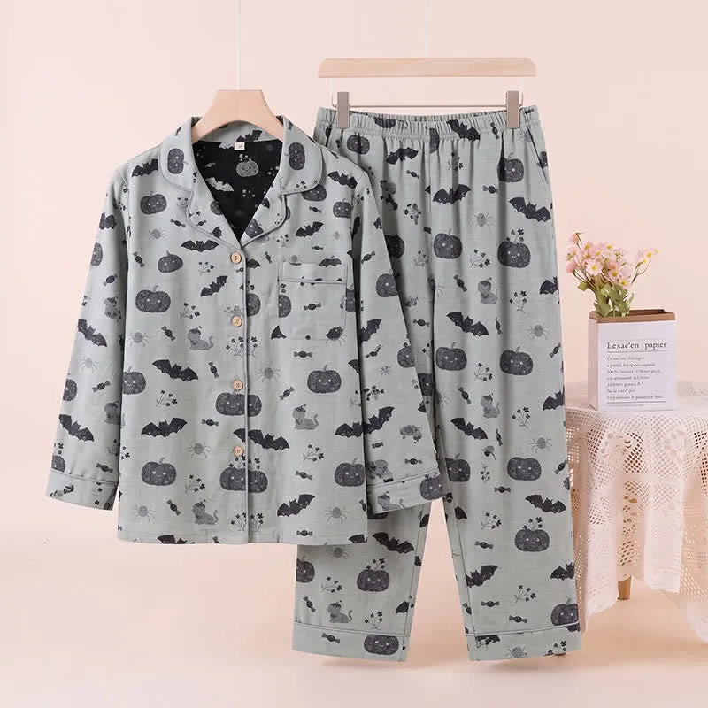 Halloween Kürbis Fledermaus Baumwollgaze Loungewear-Set
