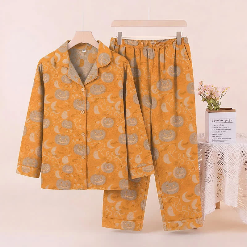 Orangefarbenes Halloween-Kürbis-Baumwoll-Loungewear-Set