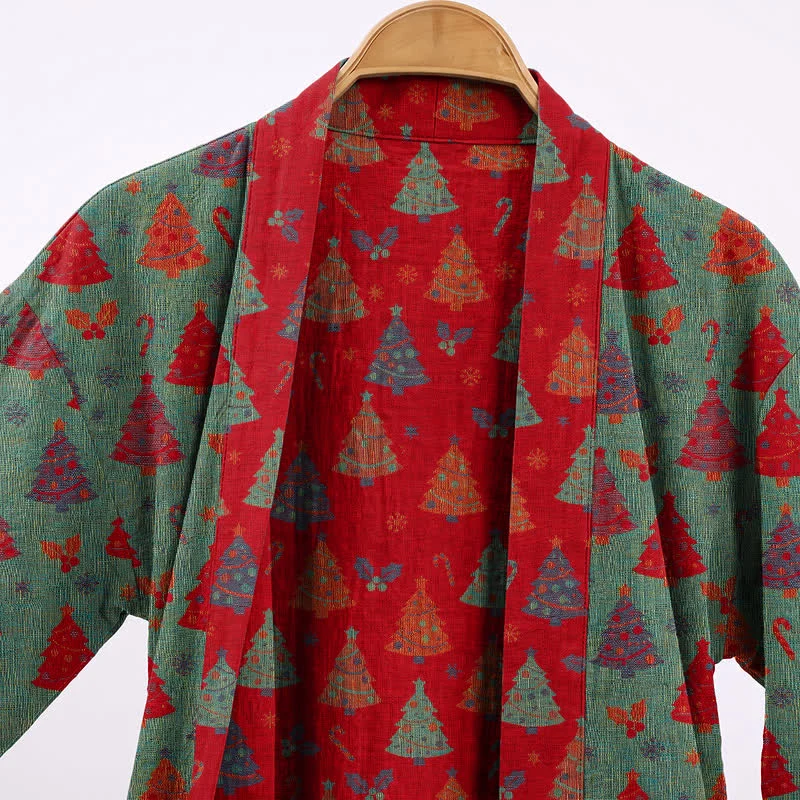 Kimono-Bademantel aus Baumwollgaze mit Weihnachtsbaummotiv