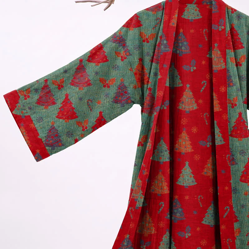 Kimono-Bademantel aus Baumwollgaze mit Weihnachtsbaummotiv