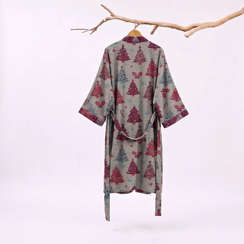 Kimono-Bademantel aus Baumwollgaze mit Weihnachtsbaummotiv
