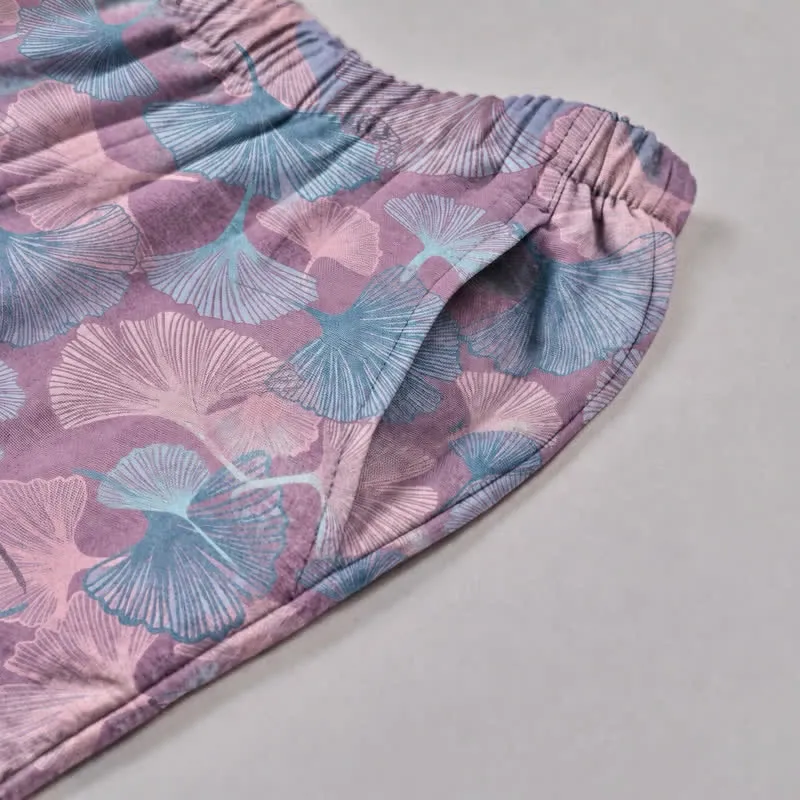 Loungewear-Set aus Baumwolle mit Ginkgoblatt-Motiv und gekerbtem Kragen