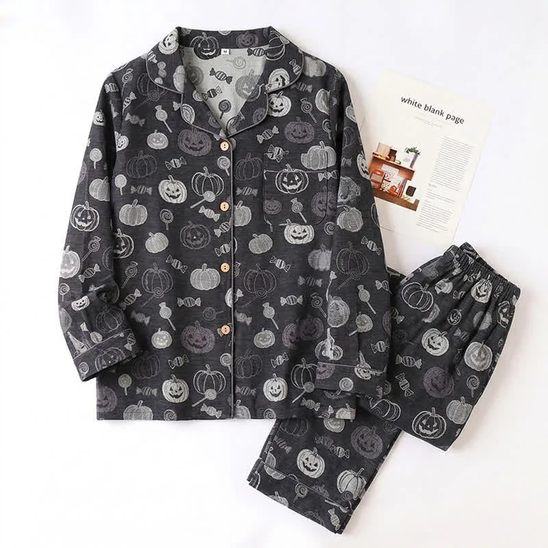 Schwarzes Halloween-Kürbis-Süßigkeiten-Baumwoll-Loungewear-Set