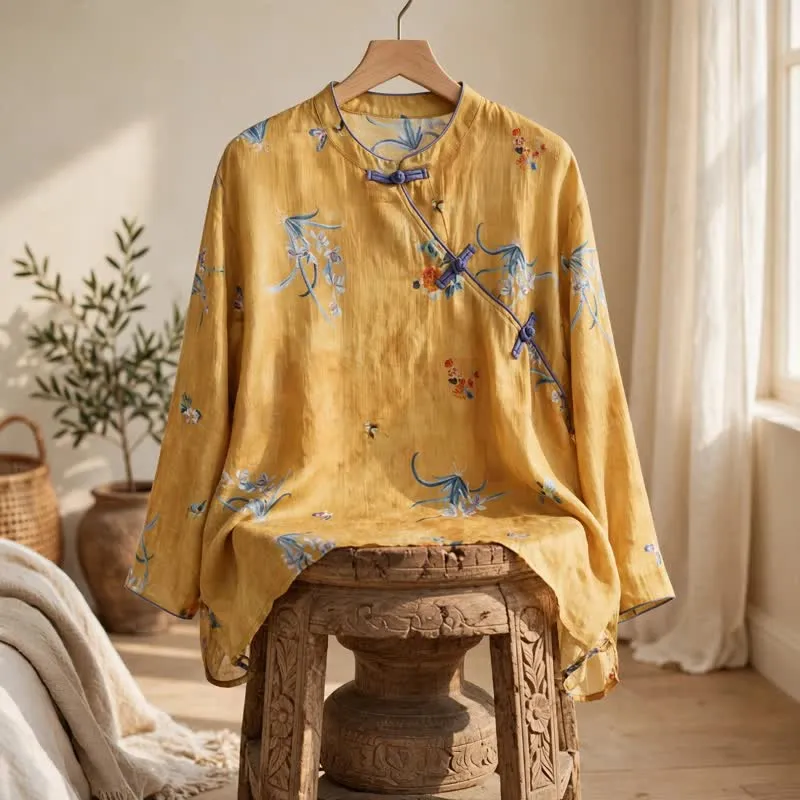 Vintage Langarmshirt mit Blumen- und Insektenmuster