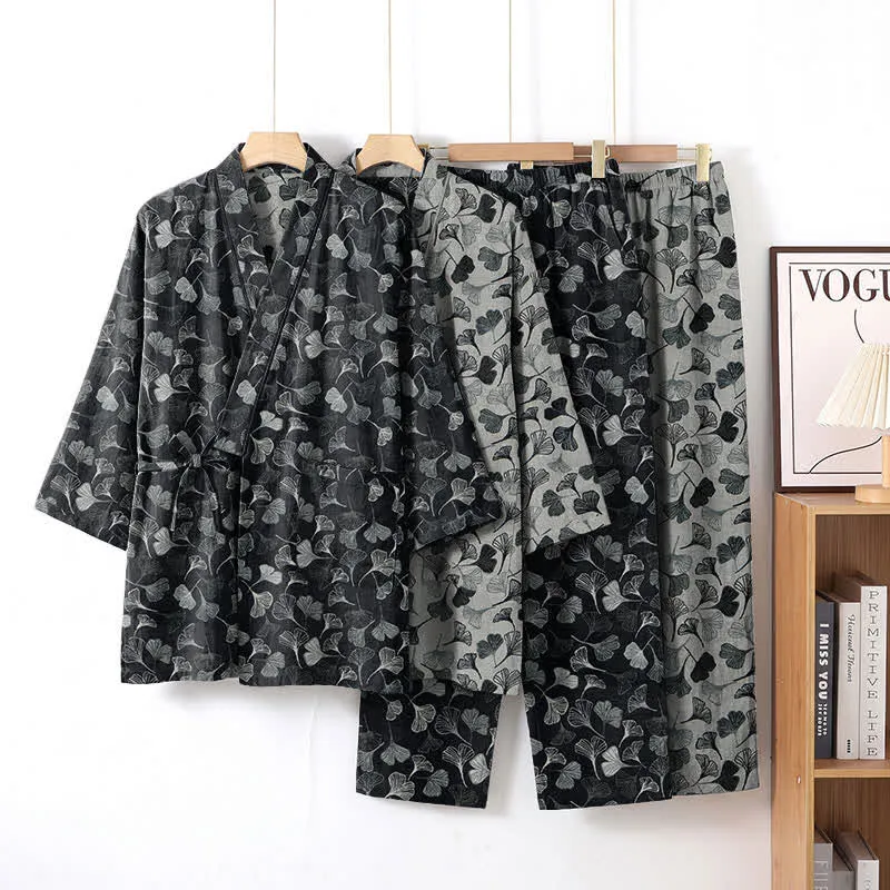 Loungewear-Set aus Baumwolle mit langen Ärmeln und Ginkgoblatt-Motiv