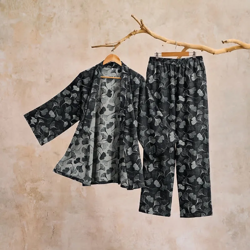 Loungewear-Set aus Baumwolle mit langen Ärmeln und Ginkgoblatt-Motiv