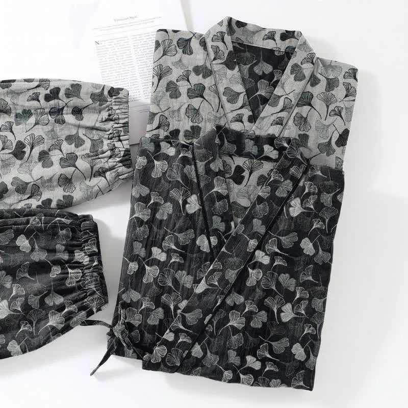 Loungewear-Set aus Baumwolle mit langen Ärmeln und Ginkgoblatt-Motiv