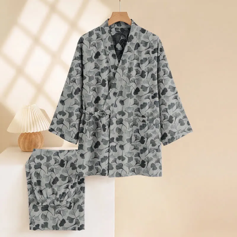 Loungewear-Set aus Baumwolle mit langen Ärmeln und Ginkgoblatt-Motiv