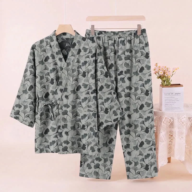 Loungewear-Set aus Baumwolle mit langen Ärmeln und Ginkgoblatt-Motiv