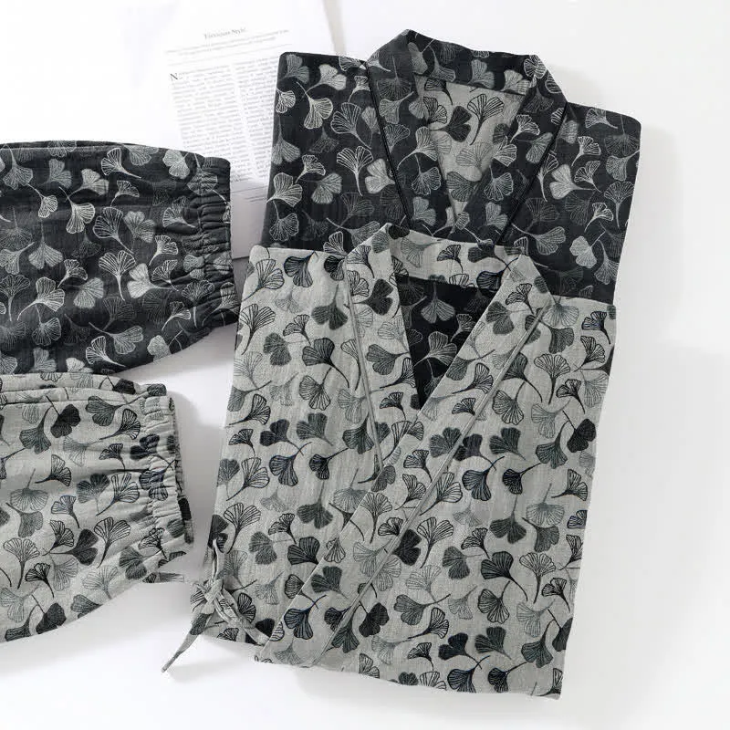 Loungewear-Set aus Baumwolle mit langen Ärmeln und Ginkgoblatt-Motiv