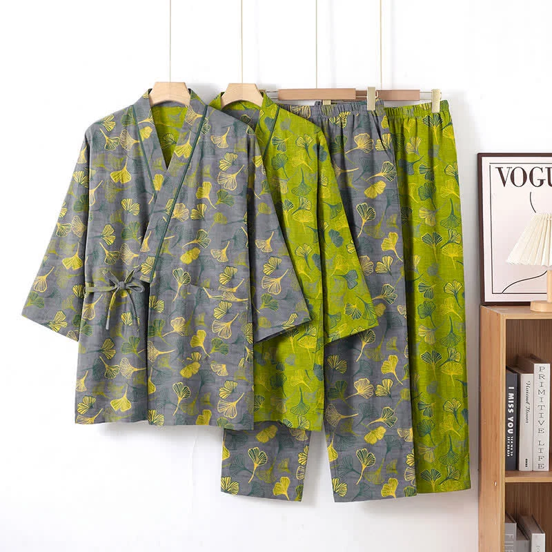 Kimono-Lounge-Pyjama-Set aus Baumwolle mit Ginkgo-Blatt