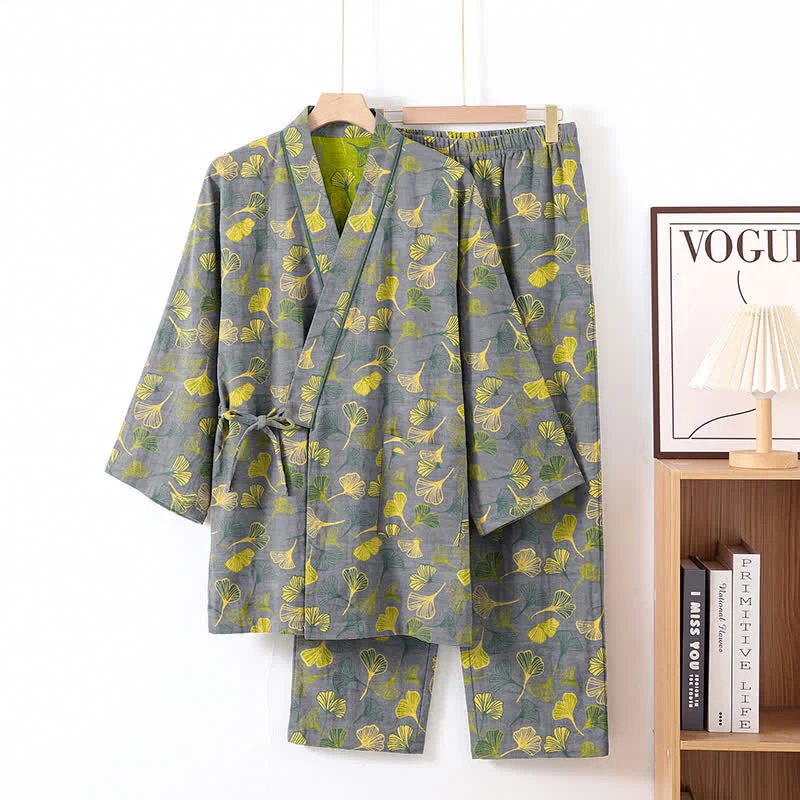 Kimono-Lounge-Pyjama-Set aus Baumwolle mit Ginkgo-Blatt
