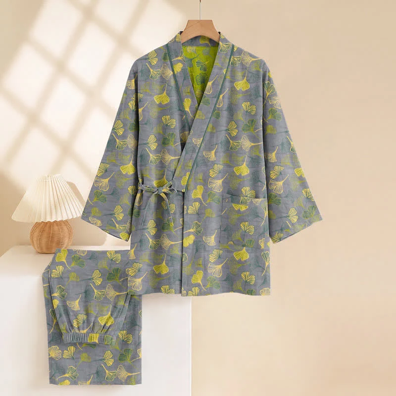 Kimono-Lounge-Pyjama-Set aus Baumwolle mit Ginkgo-Blatt