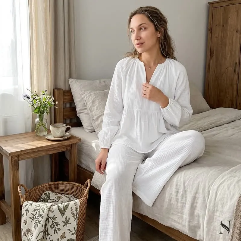 Loungewear-Set aus weißem Baumwollgaze