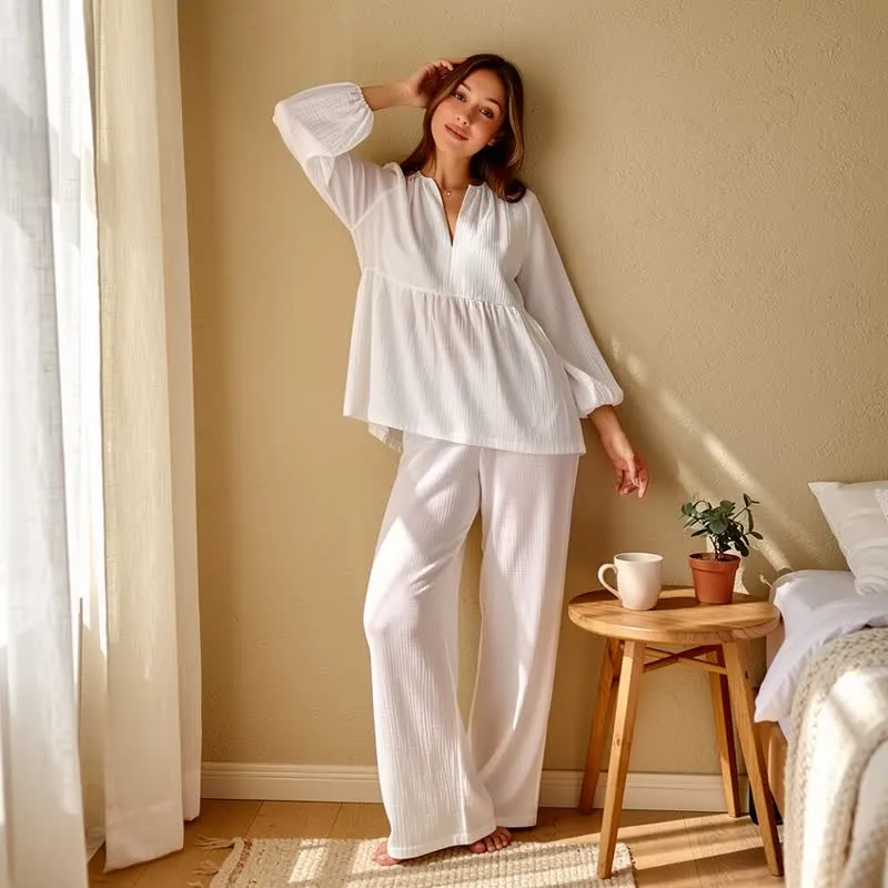 Loungewear-Set aus weißem Baumwollgaze