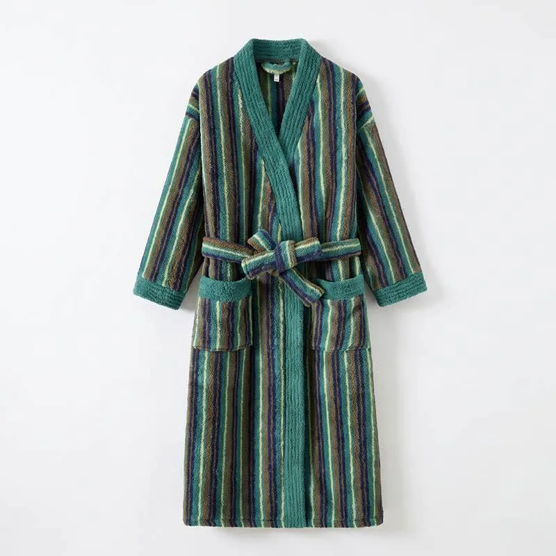 Langer, gestreifter Kimono-Bademantel aus Fleece