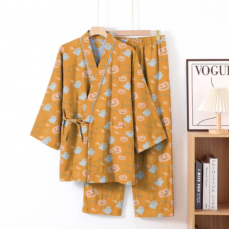 Halloween-Geister-Kürbis-Baumwollkimono-Pyjama-Set