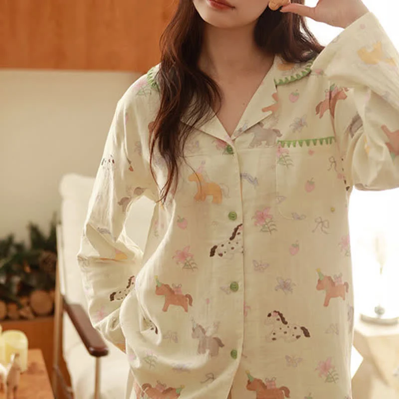 Pyjama aus gebürsteter Baumwolle mit Cartoon-Pony und Blumenmuster