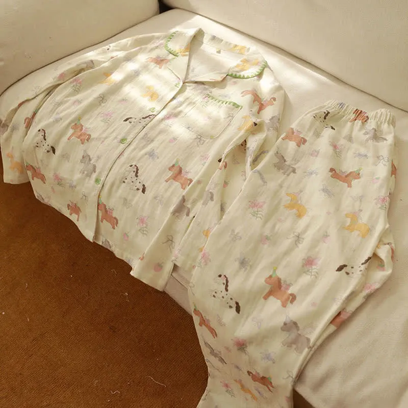 Pyjama aus gebürsteter Baumwolle mit Cartoon-Pony und Blumenmuster