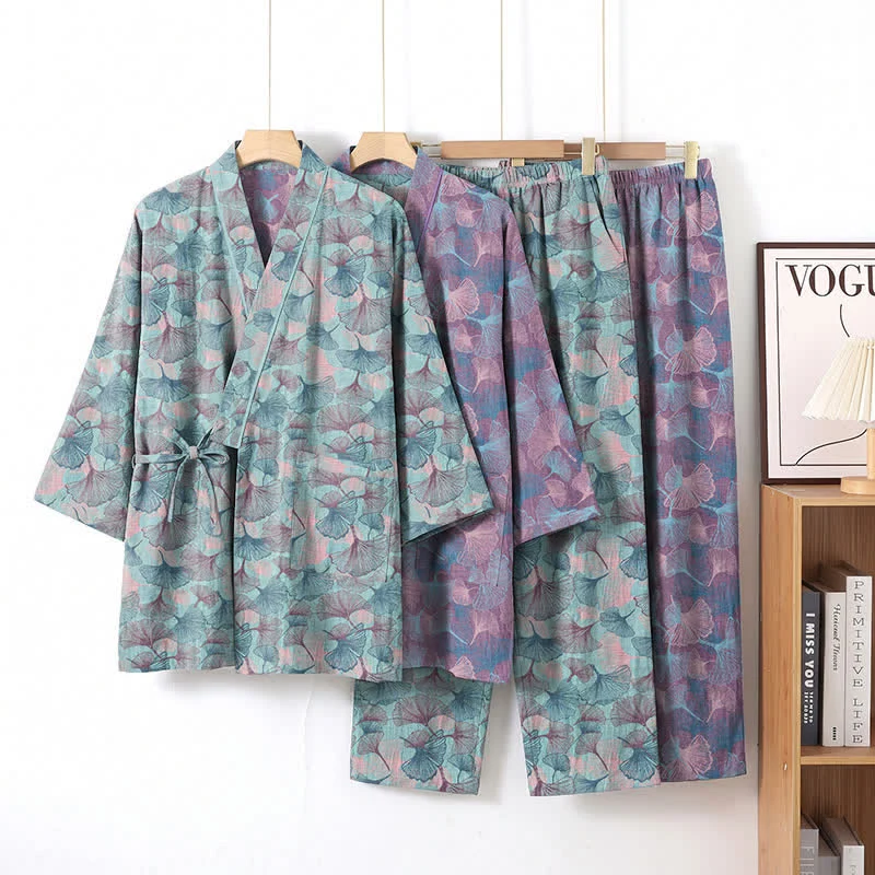 Retro-Kimono-Pyjama-Set aus Baumwolle mit Ginkgoblatt-Motiv