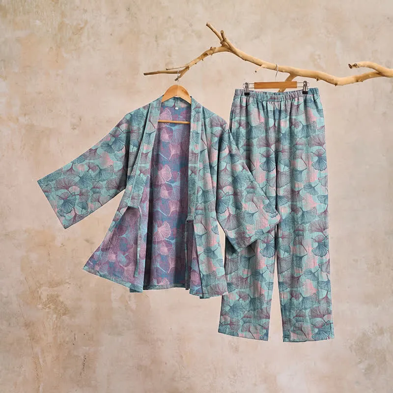 Retro-Kimono-Pyjama-Set aus Baumwolle mit Ginkgoblatt-Motiv