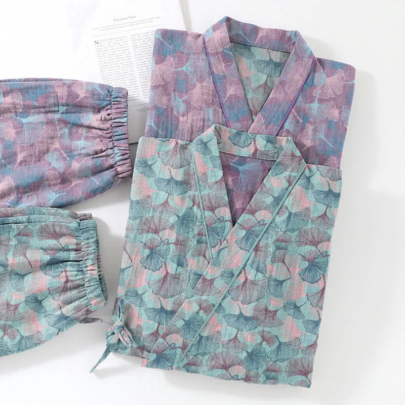 Retro-Kimono-Pyjama-Set aus Baumwolle mit Ginkgoblatt-Motiv