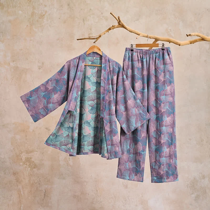 Retro-Kimono-Pyjama-Set aus Baumwolle mit Ginkgoblatt-Motiv