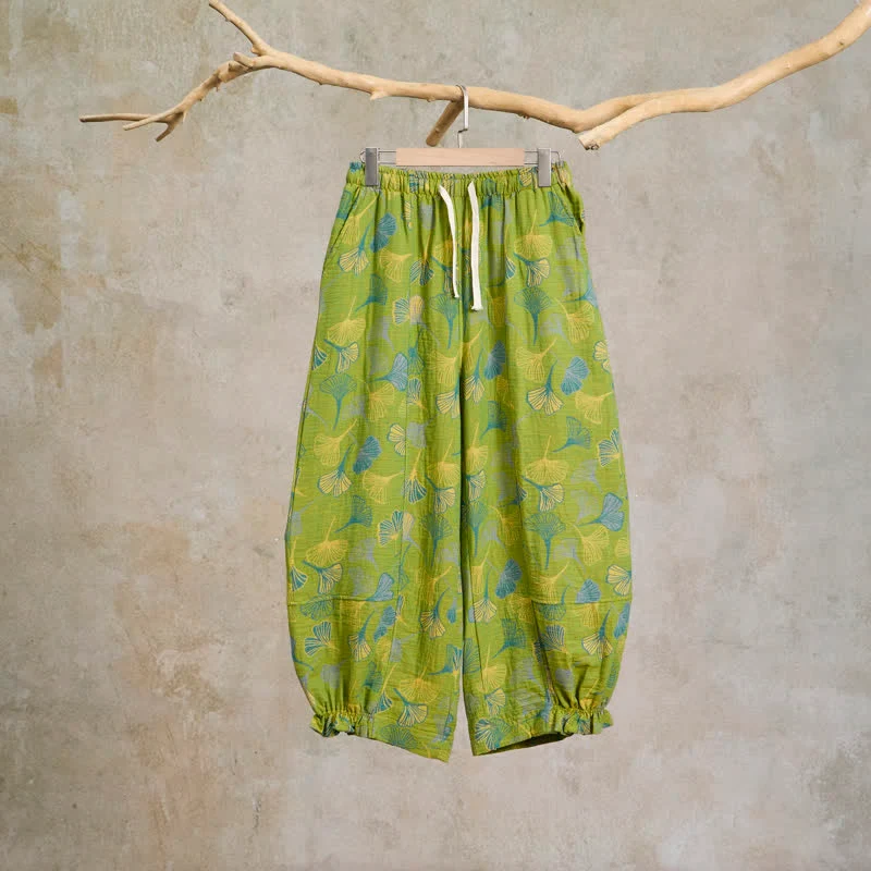 Baumwoll-Pyjamahose mit grünem Ginkgoblatt