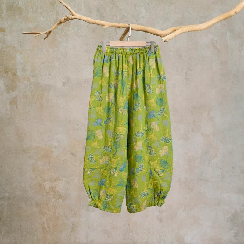 Baumwoll-Pyjamahose mit grünem Ginkgoblatt