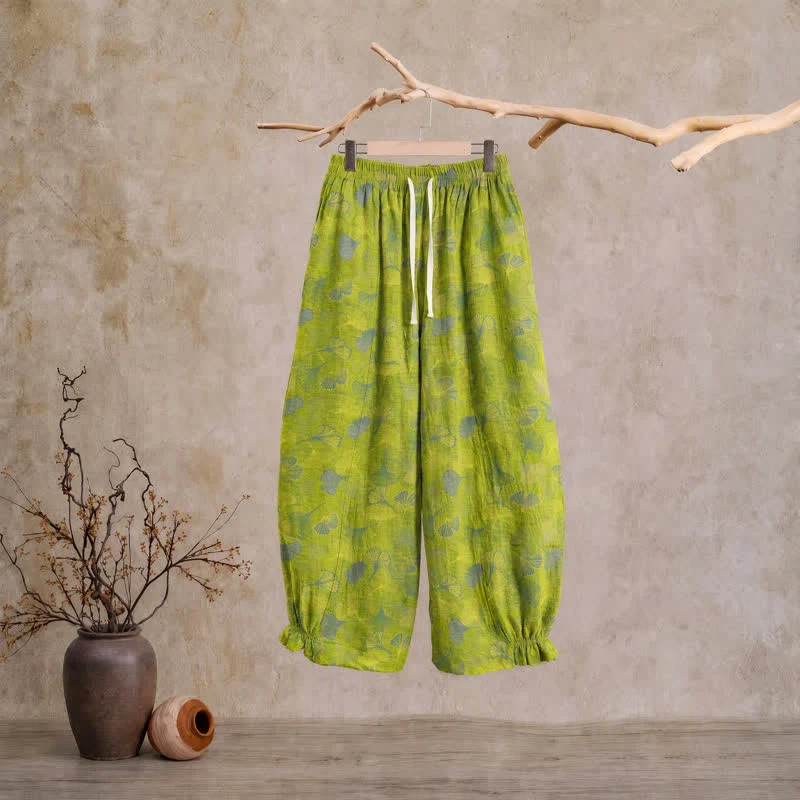 Baumwoll-Pyjamahose mit grünem Ginkgoblatt