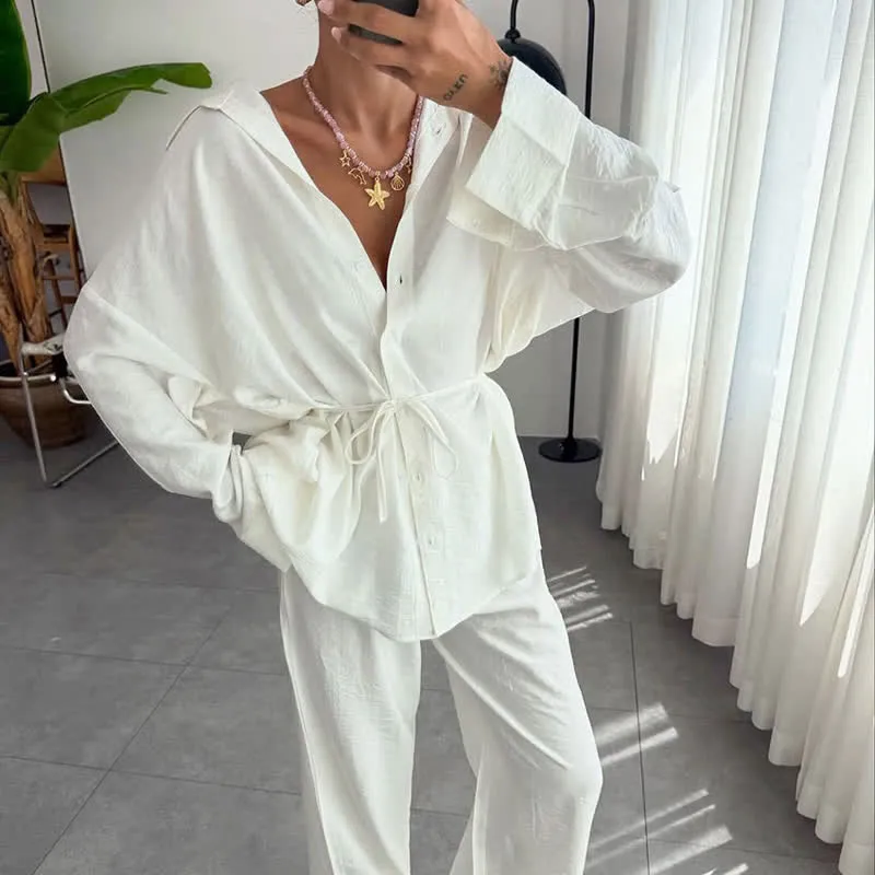 Loungewear-Set aus einfarbigem, strukturiertem Crinkle-Gewebe