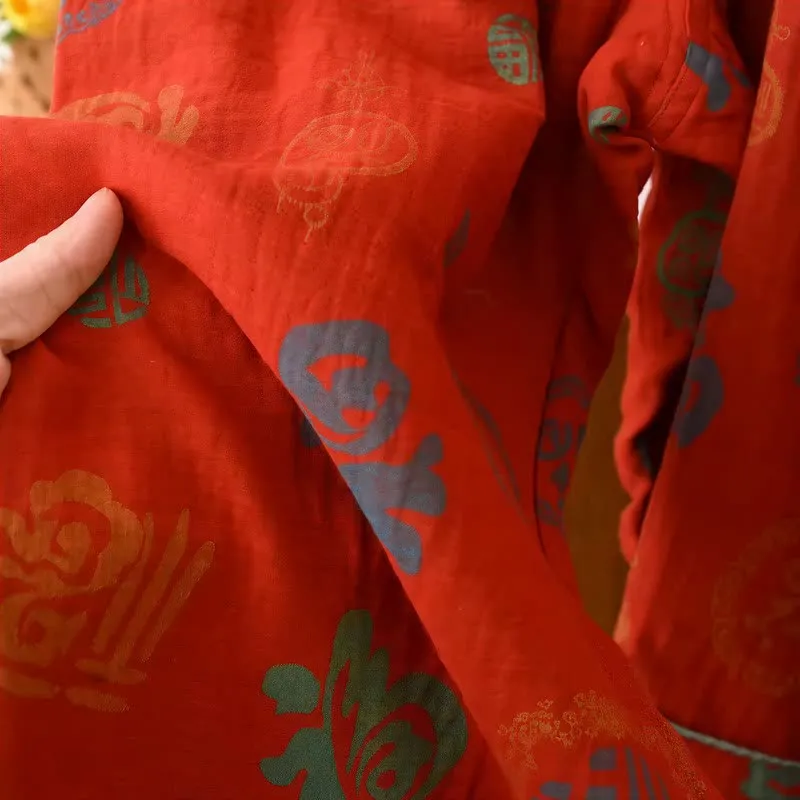 Chinesischer roter Baumwoll-Pyjama-Set mit Fu-Motiv