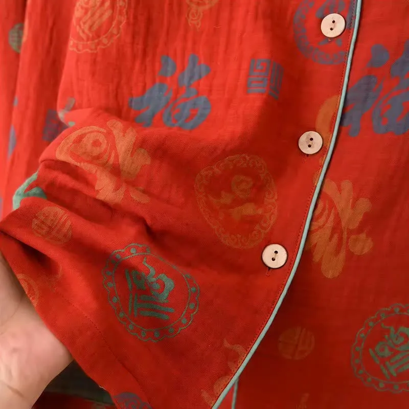 Chinesischer roter Baumwoll-Pyjama-Set mit Fu-Motiv