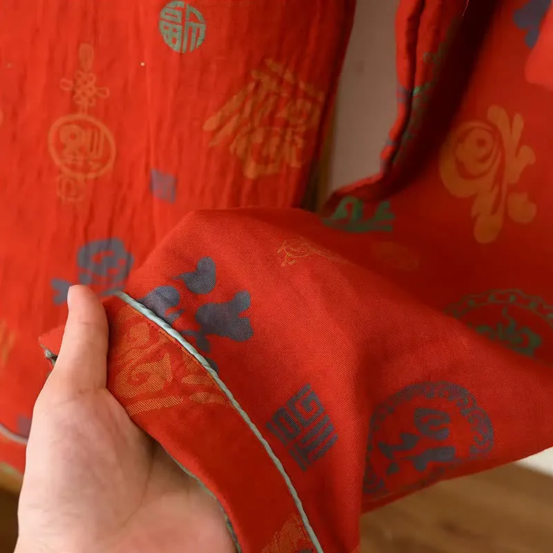 Chinesischer roter Baumwoll-Pyjama-Set mit Fu-Motiv