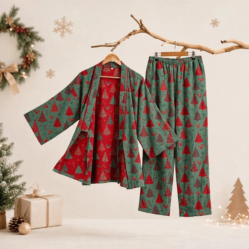 Weihnachtsbaum-Baumwollkimono-Loungewear-Set