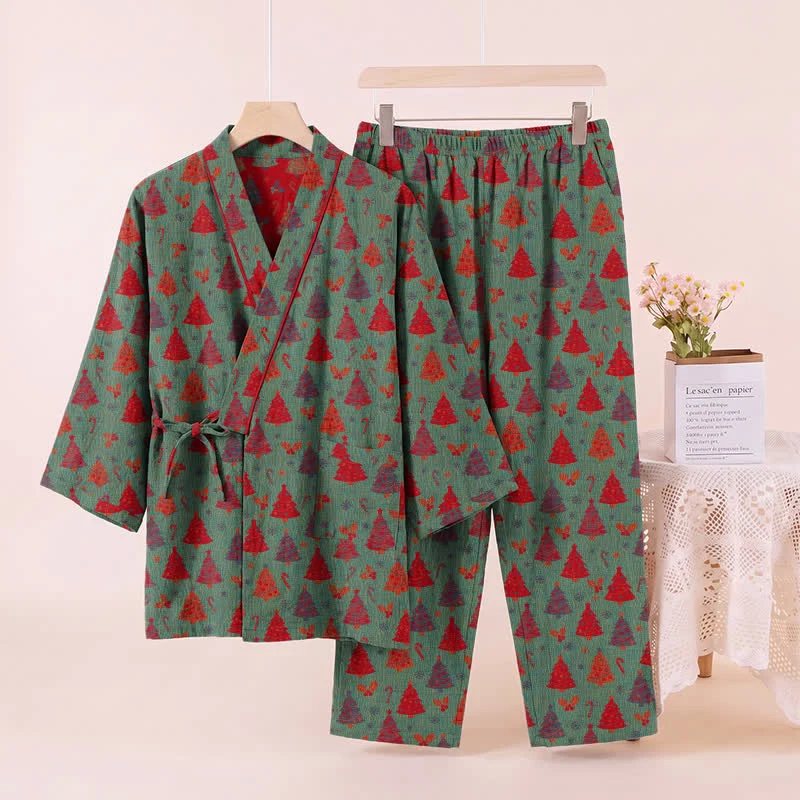 Weihnachtsbaum-Baumwollkimono-Loungewear-Set