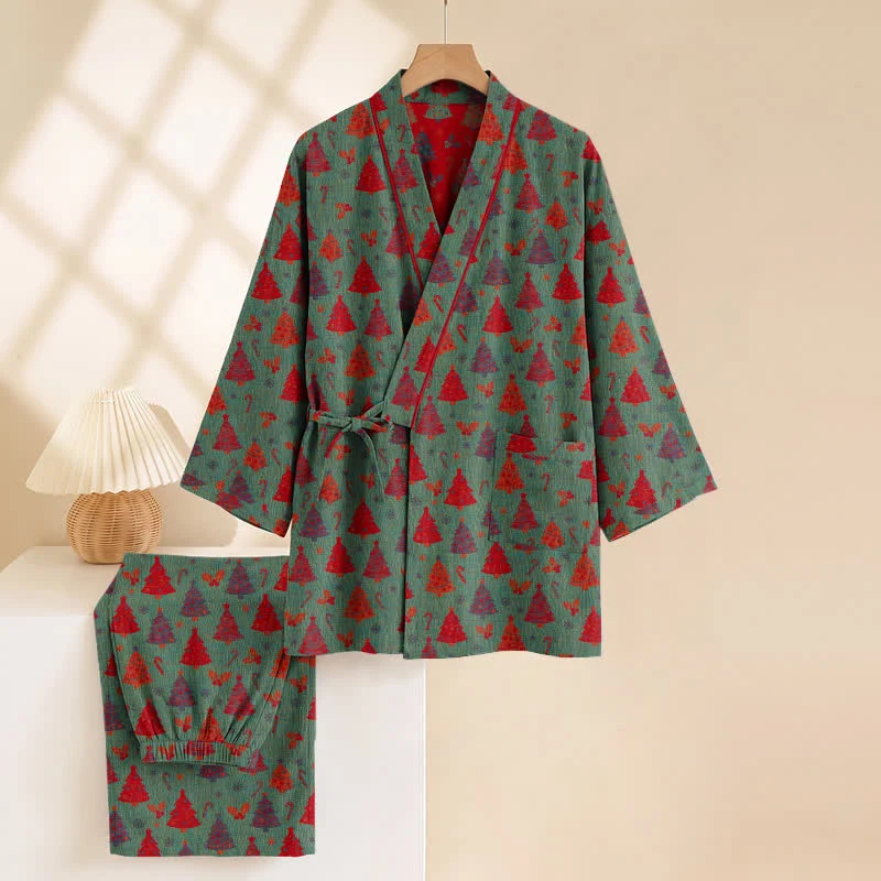 Weihnachtsbaum-Baumwollkimono-Loungewear-Set