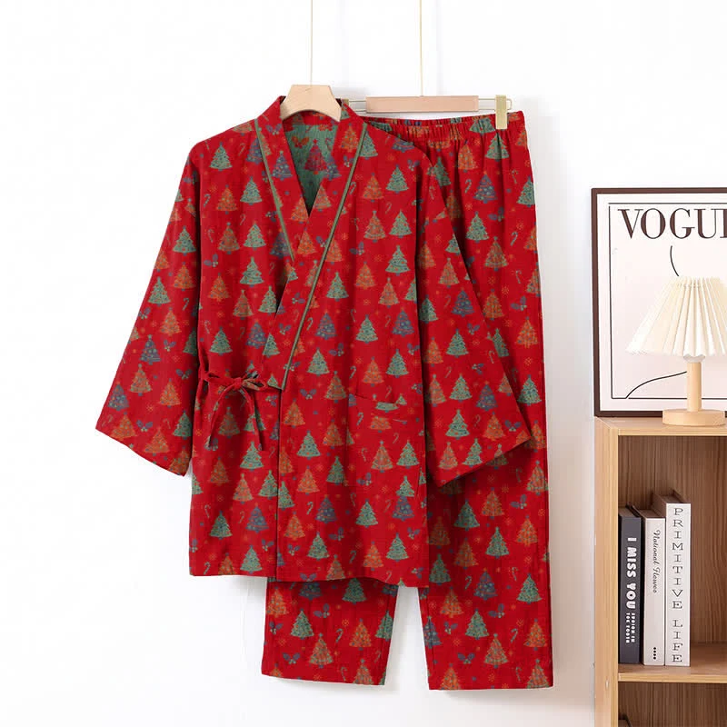Weihnachtsbaum-Baumwollkimono-Loungewear-Set