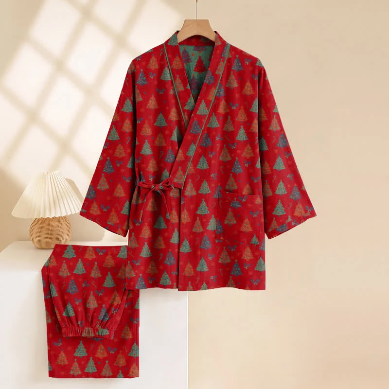 Weihnachtsbaum-Baumwollkimono-Loungewear-Set