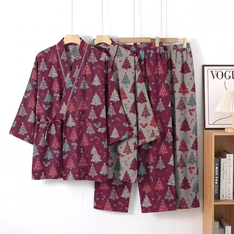 Weihnachtsbaum-Baumwollkimono-Loungewear-Set