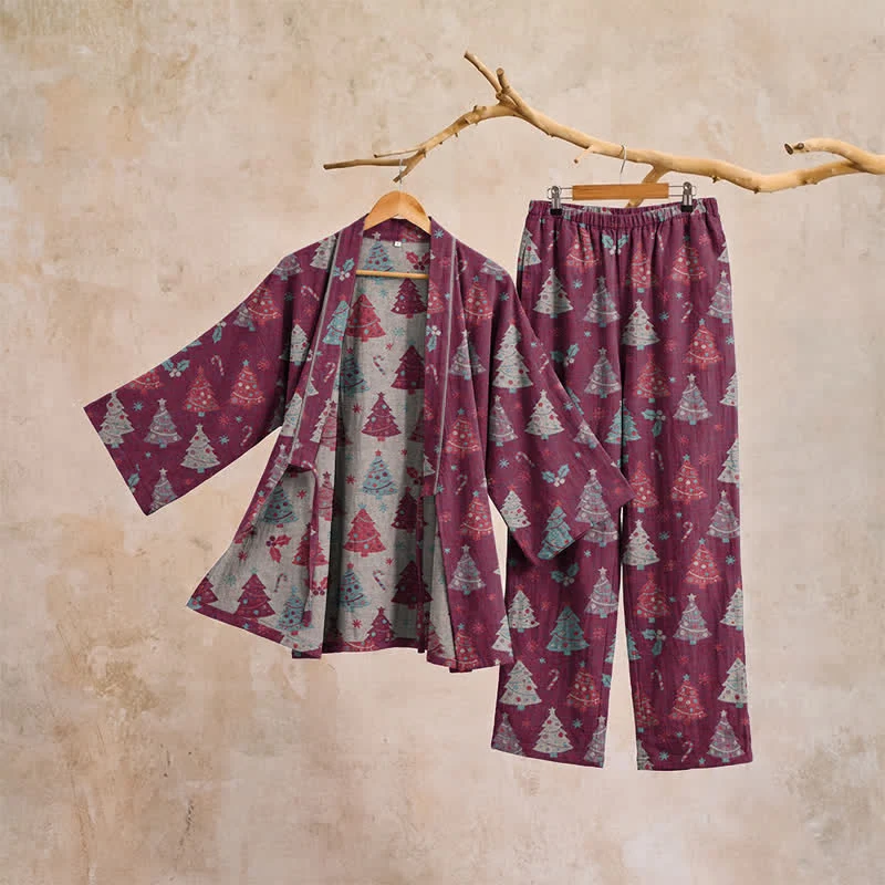 Weihnachtsbaum-Baumwollkimono-Loungewear-Set