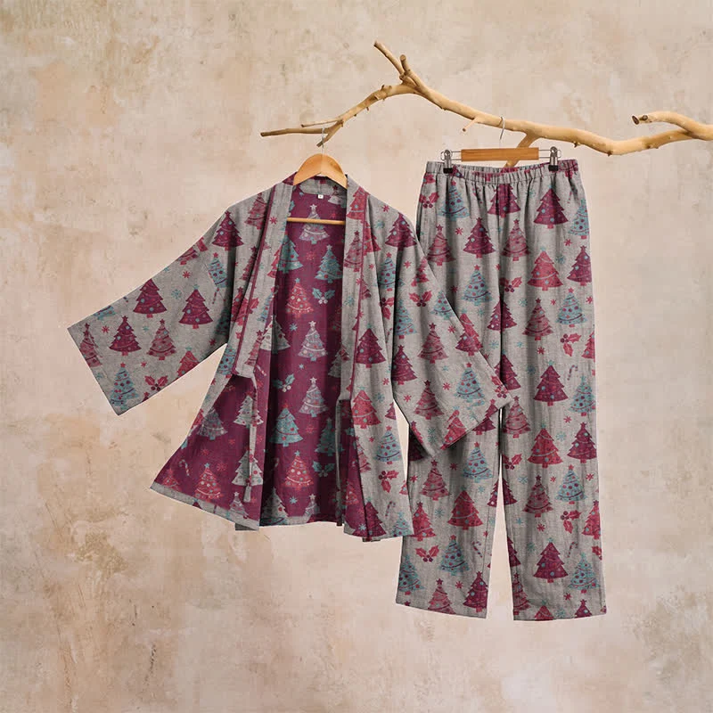 Weihnachtsbaum-Baumwollkimono-Loungewear-Set