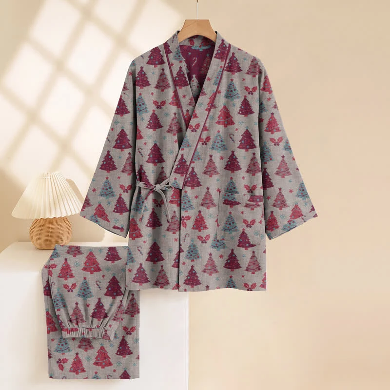 Weihnachtsbaum-Baumwollkimono-Loungewear-Set